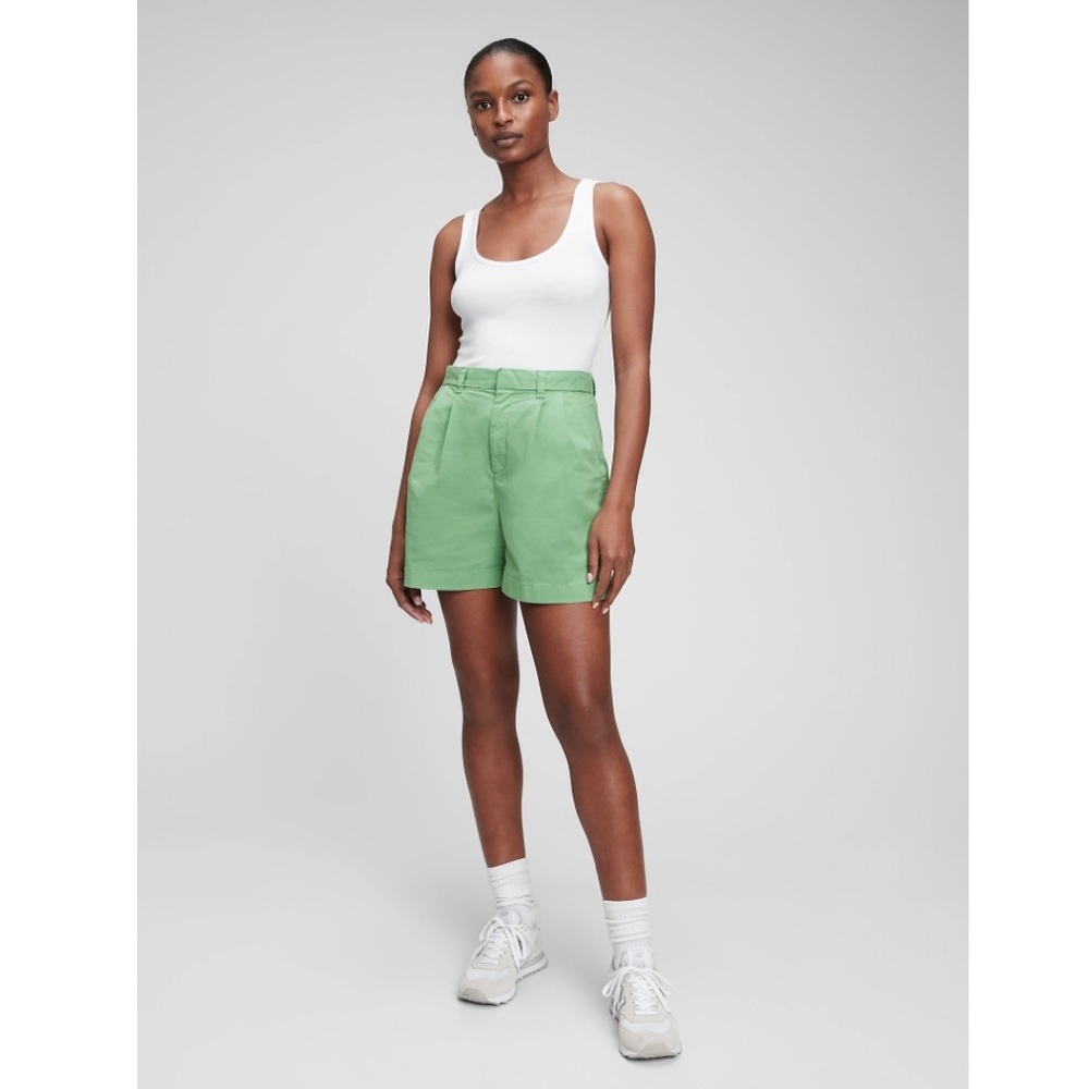 High Rise Pleated Khaki Shorts with Washwell